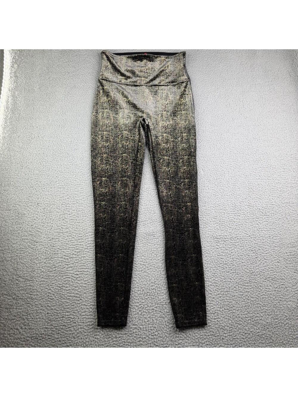 SPANX Gold Metallic Shine Black Velvet Shaping Leggings Size Large